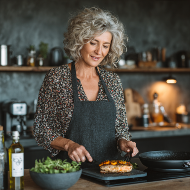 Senior fericit pregătind o masă sănătoasă în bucătărie